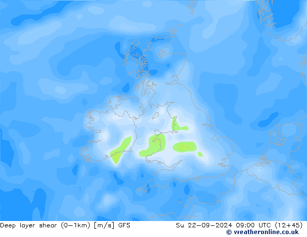 Deep layer shear (0-1km) GFS Вс 22.09.2024 09 UTC