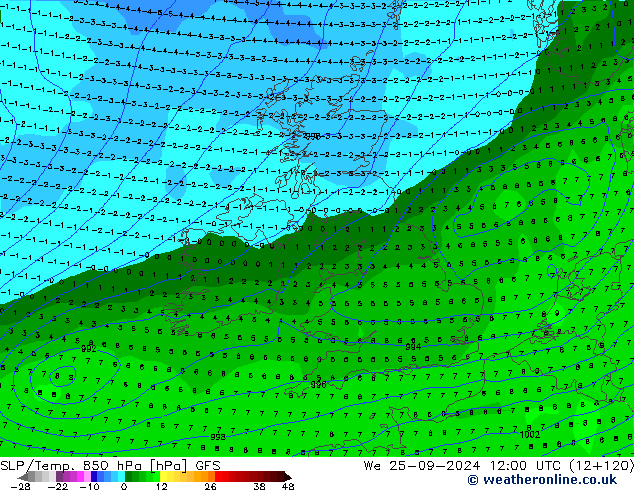 SLP/Temp. 850 hPa GFS St 25.09.2024 12 UTC