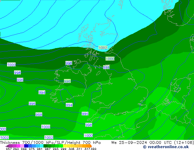 Thck 700-1000 hPa GFS mer 25.09.2024 00 UTC