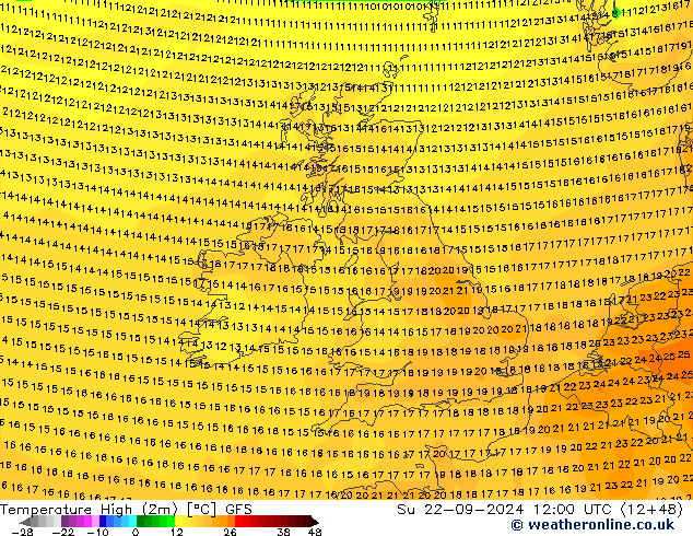 Max.temperatuur (2m) GFS zo 22.09.2024 12 UTC