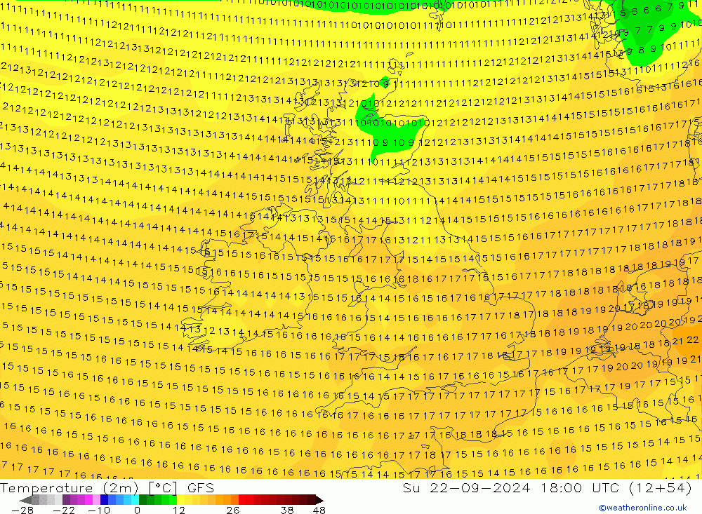 Temperature (2m) GFS Su 22.09.2024 18 UTC