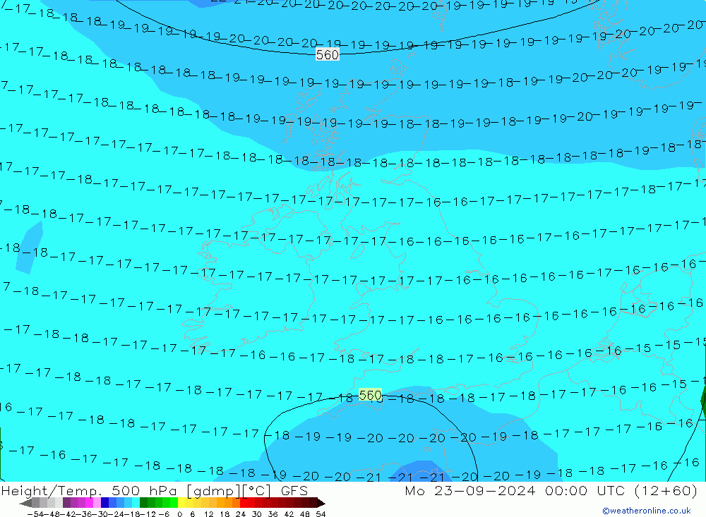 Height/Temp. 500 hPa GFS pon. 23.09.2024 00 UTC