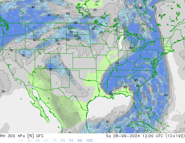 RH 300 hPa GFS so. 28.09.2024 12 UTC