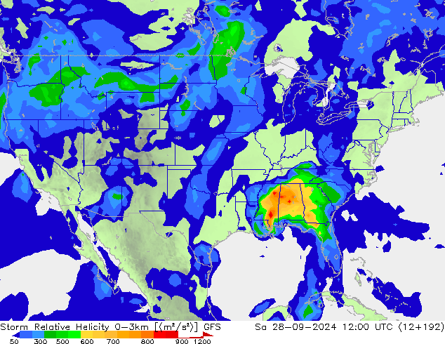 Storm Relative Helicity GFS сб 28.09.2024 12 UTC