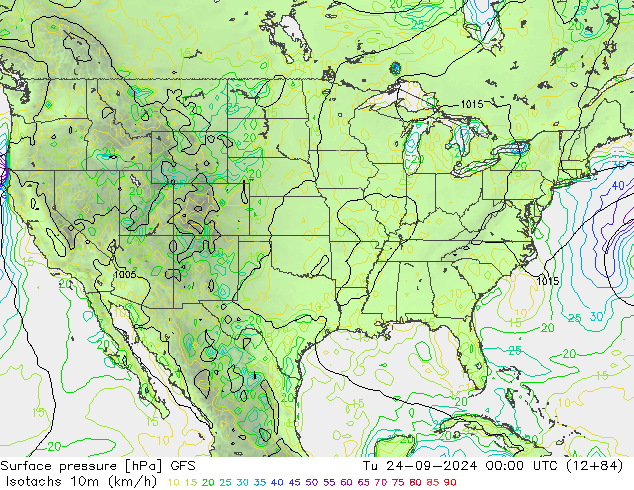 Isotachs (kph) GFS Tu 24.09.2024 00 UTC