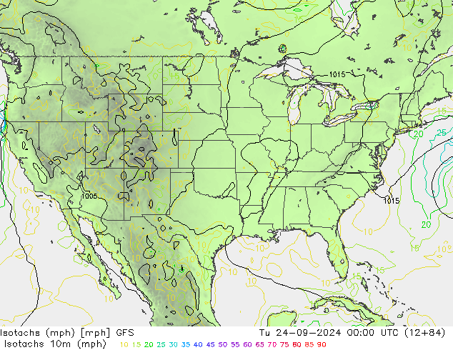 Isotachs (mph) GFS Út 24.09.2024 00 UTC