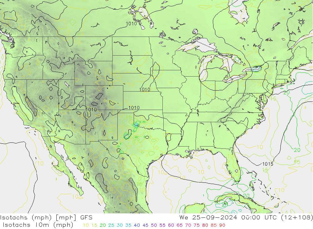 Isotachen (mph) GFS wo 25.09.2024 00 UTC