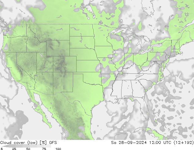 Cloud cover (low) GFS Sa 28.09.2024 12 UTC