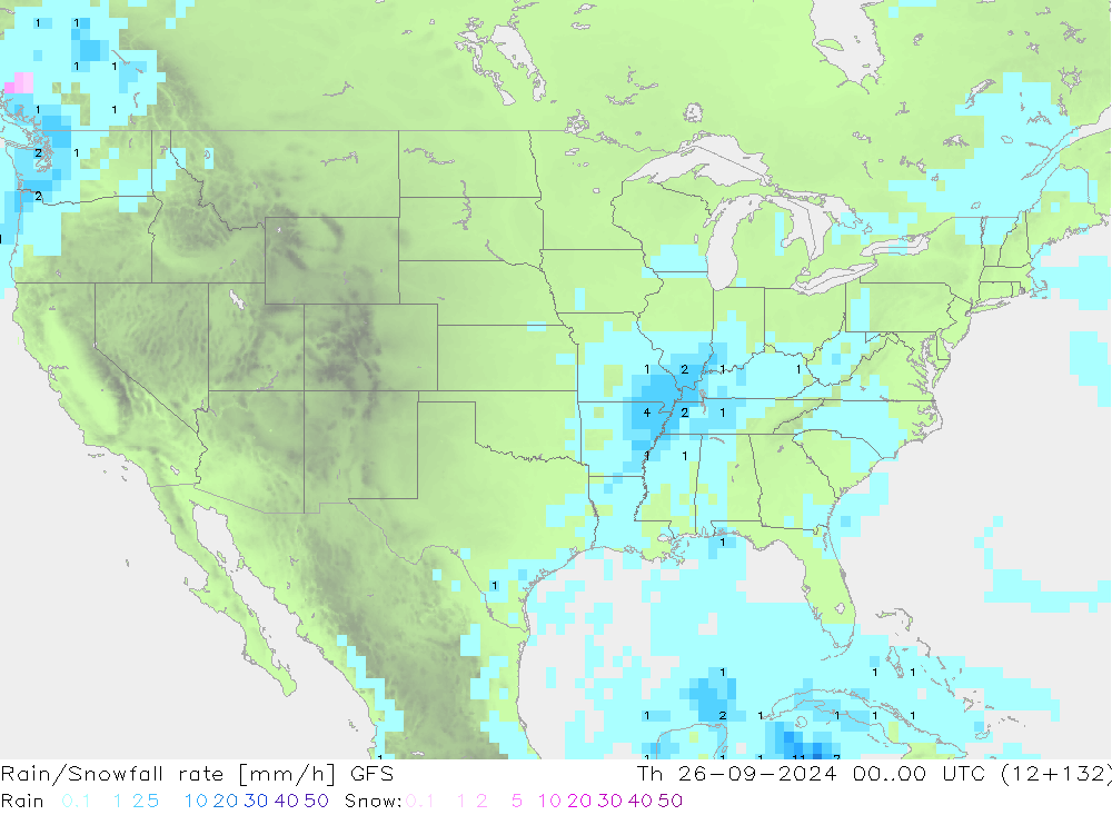 Rain/Snowfall rate GFS Th 26.09.2024 00 UTC