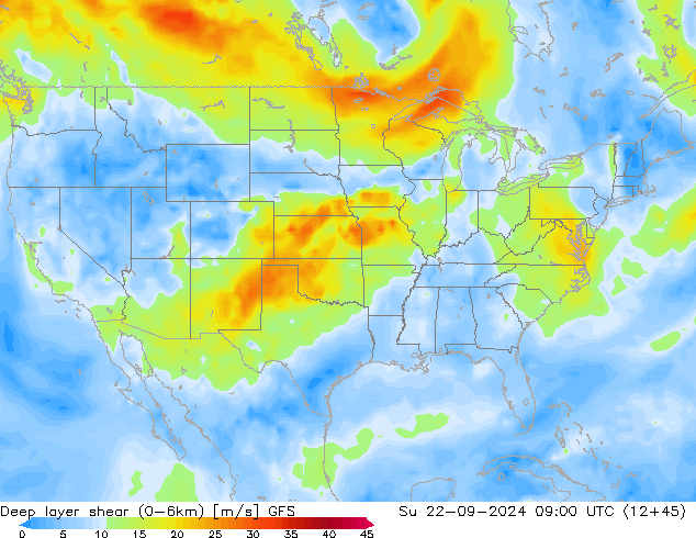 Deep layer shear (0-6km) GFS dom 22.09.2024 09 UTC