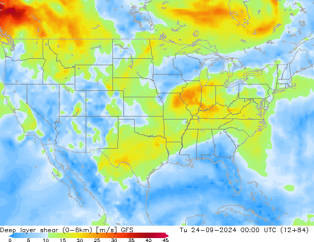 Deep layer shear (0-6km) GFS mar 24.09.2024 00 UTC