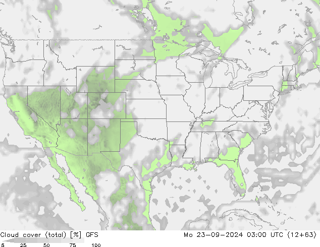 Cloud cover (total) GFS Mo 23.09.2024 03 UTC