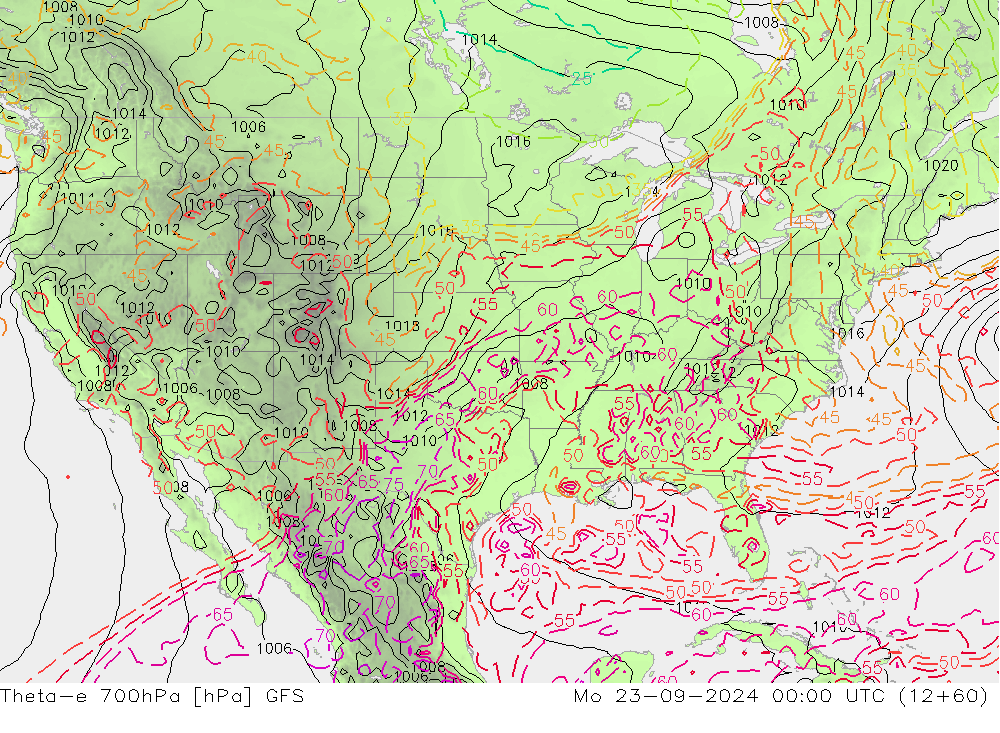 Theta-e 700hPa GFS lun 23.09.2024 00 UTC