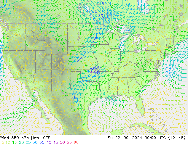 Vento 850 hPa GFS dom 22.09.2024 09 UTC