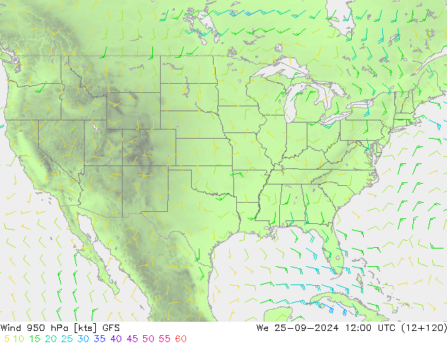 Wind 950 hPa GFS We 25.09.2024 12 UTC