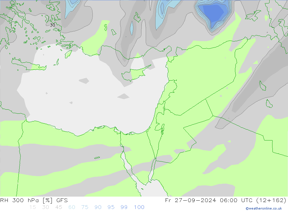 Humedad rel. 300hPa GFS vie 27.09.2024 06 UTC