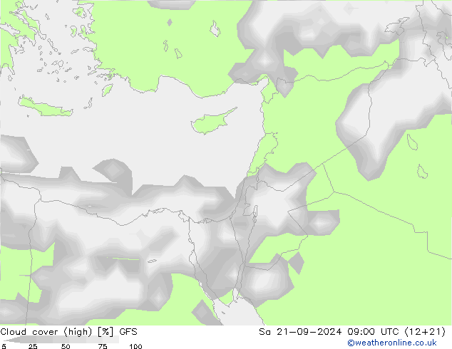 Cloud cover (high) GFS Sa 21.09.2024 09 UTC