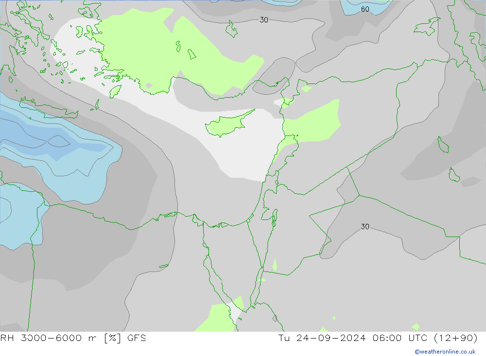 RH 3000-6000 m GFS Út 24.09.2024 06 UTC