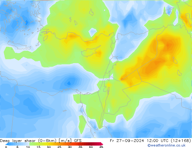 Deep layer shear (0-6km) GFS Pá 27.09.2024 12 UTC