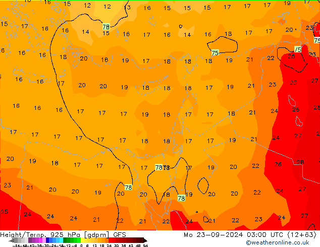 Height/Temp. 925 hPa GFS pon. 23.09.2024 03 UTC