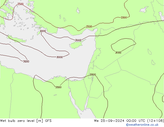 Wet bulb zero level GFS ср 25.09.2024 00 UTC