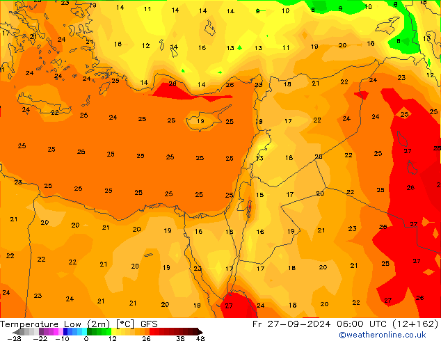 Nejnižší teplota (2m) GFS Pá 27.09.2024 06 UTC