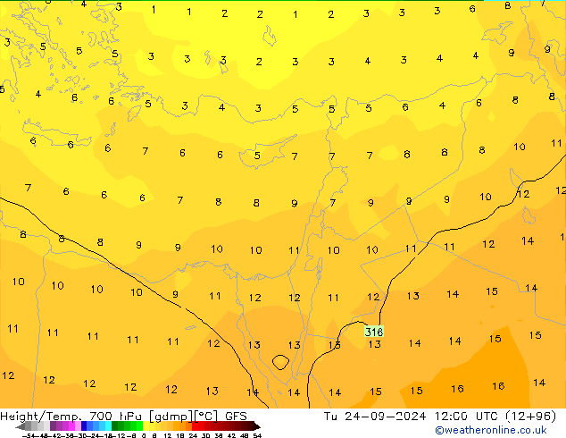 Height/Temp. 700 hPa GFS  24.09.2024 12 UTC