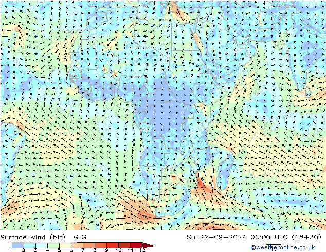 Vento 10 m (bft) GFS dom 22.09.2024 00 UTC