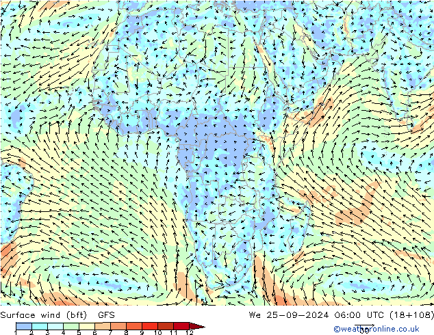 Vento 10 m (bft) GFS Qua 25.09.2024 06 UTC