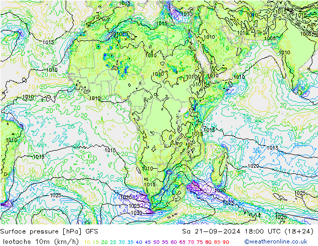 Eşrüzgar Hızları (km/sa) GFS Cts 21.09.2024 18 UTC