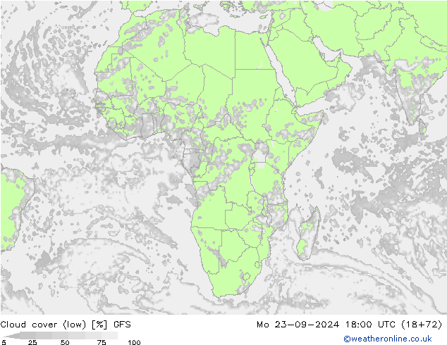 Cloud cover (low) GFS Mo 23.09.2024 18 UTC