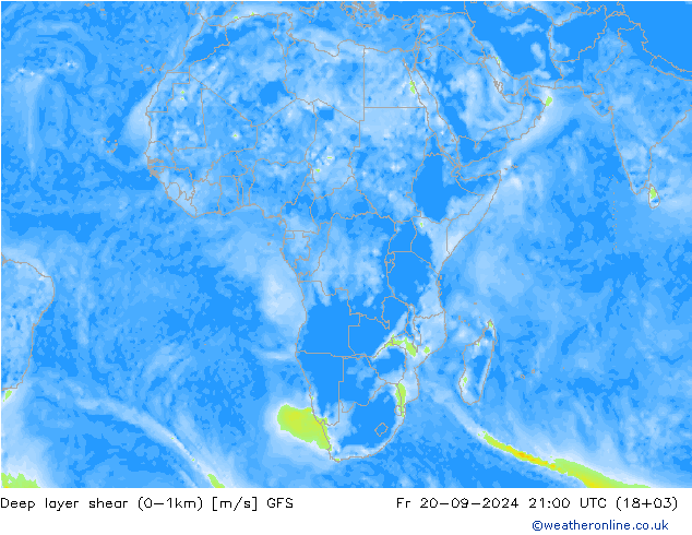 Deep layer shear (0-1km) GFS Pá 20.09.2024 21 UTC