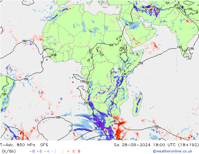 T-Adv. 850 hPa GFS Sáb 28.09.2024 18 UTC