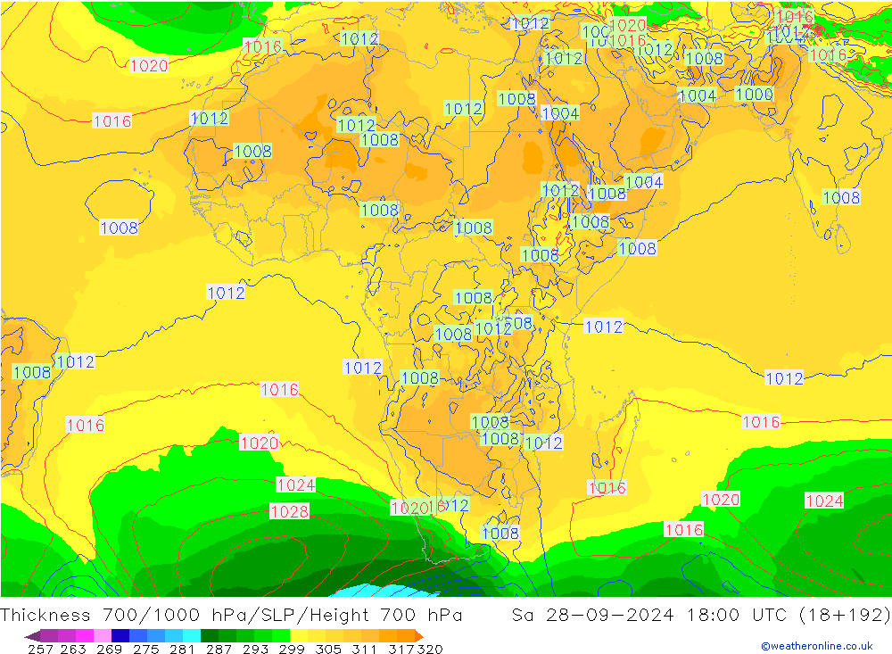Thck 700-1000 hPa GFS So 28.09.2024 18 UTC
