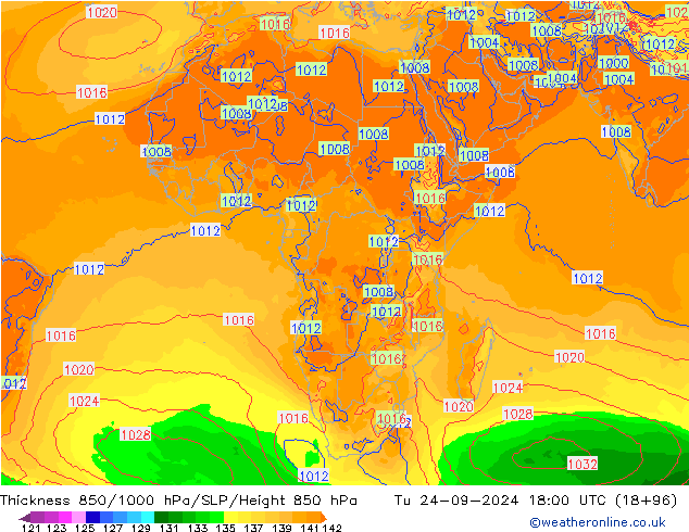 Thck 850-1000 гПа GFS вт 24.09.2024 18 UTC