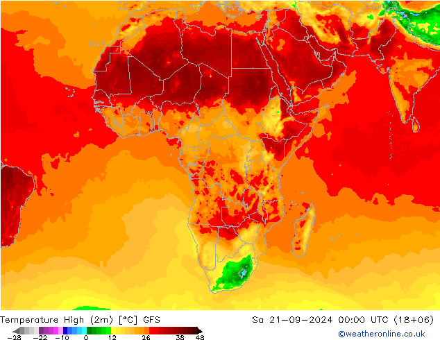 Temperatura máx. (2m) GFS sáb 21.09.2024 00 UTC