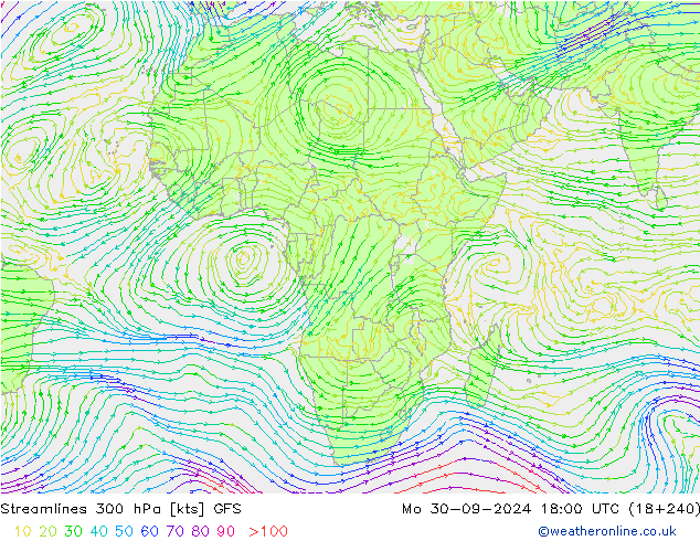 Stromlinien 300 hPa GFS Mo 30.09.2024 18 UTC