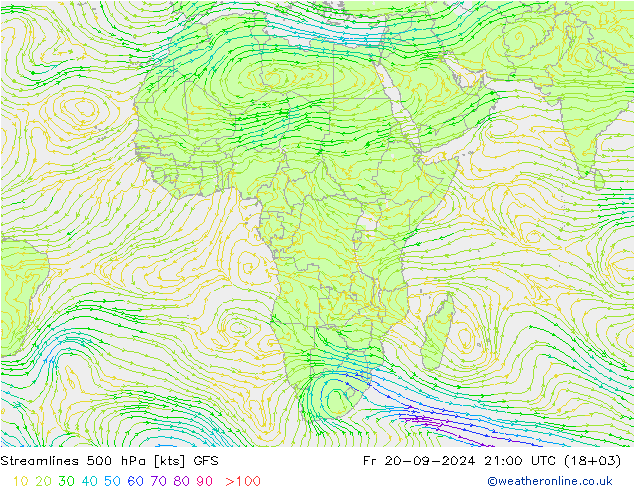 Línea de corriente 500 hPa GFS vie 20.09.2024 21 UTC