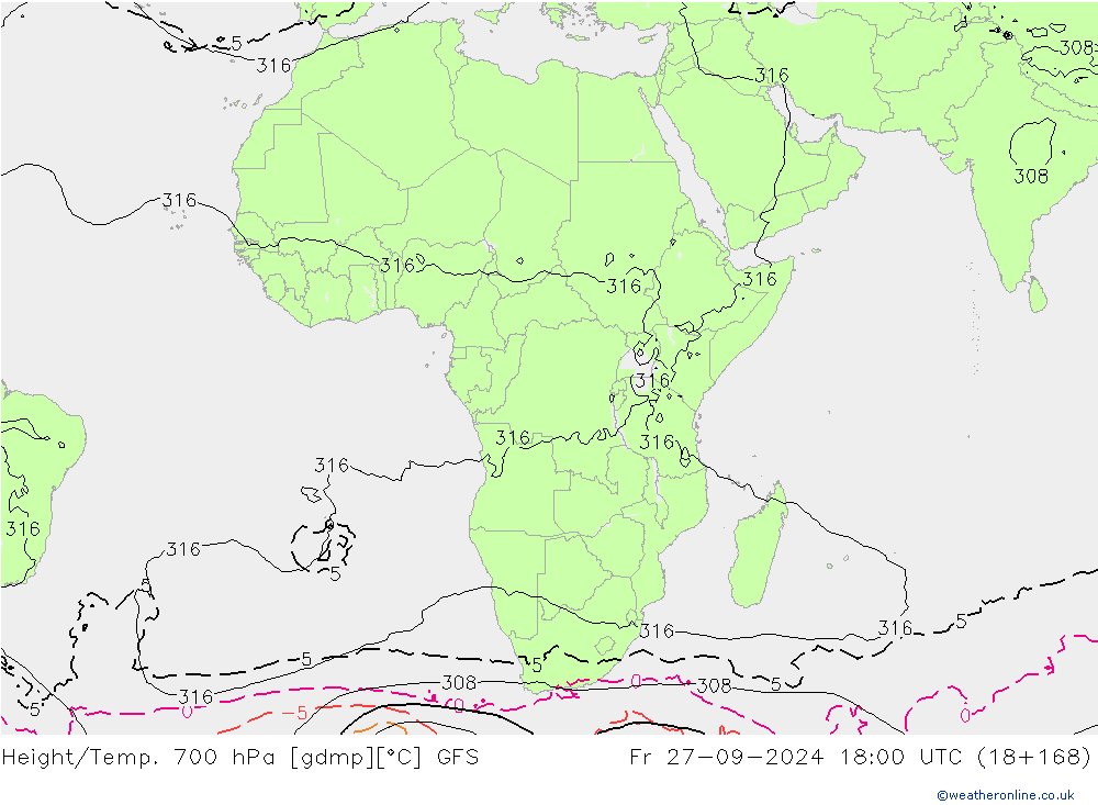 Height/Temp. 700 hPa GFS Fr 27.09.2024 18 UTC