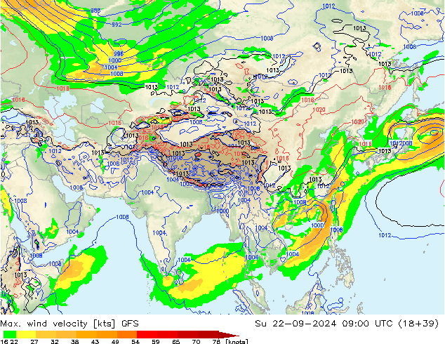 Max. wind snelheid GFS zo 22.09.2024 09 UTC