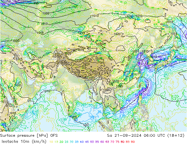 Isotachs (kph) GFS Sa 21.09.2024 06 UTC