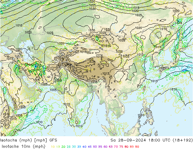 Isotachs (mph) GFS Sáb 28.09.2024 18 UTC