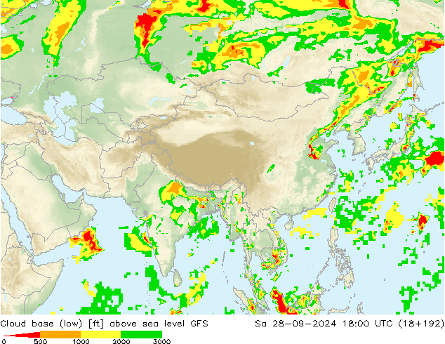 Cloud base (low) GFS sab 28.09.2024 18 UTC