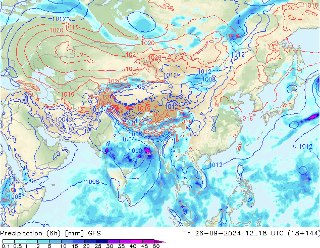 Precipitation (6h) GFS Čt 26.09.2024 18 UTC