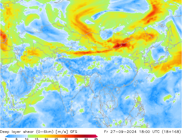 Deep layer shear (0-6km) GFS Fr 27.09.2024 18 UTC