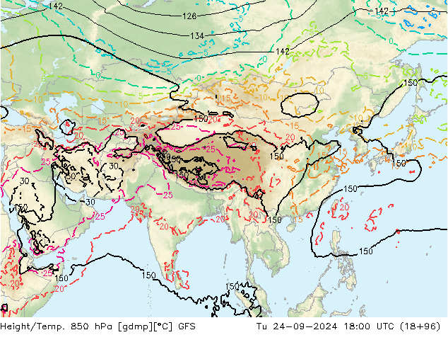 Height/Temp. 850 hPa GFS  24.09.2024 18 UTC