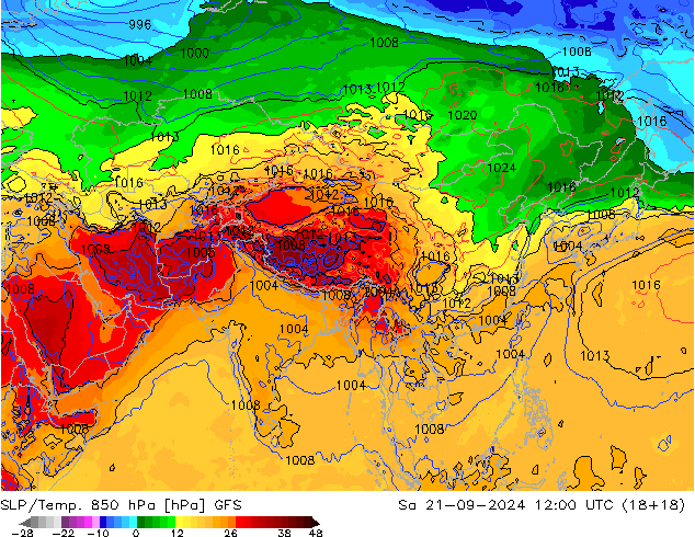 SLP/Temp. 850 hPa GFS sam 21.09.2024 12 UTC