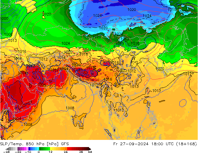 SLP/Temp. 850 hPa GFS Pá 27.09.2024 18 UTC