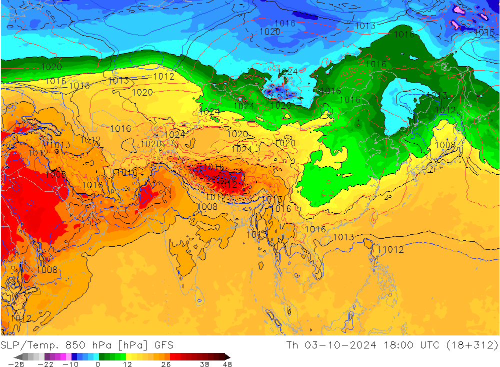 SLP/Temp. 850 hPa GFS jue 03.10.2024 18 UTC