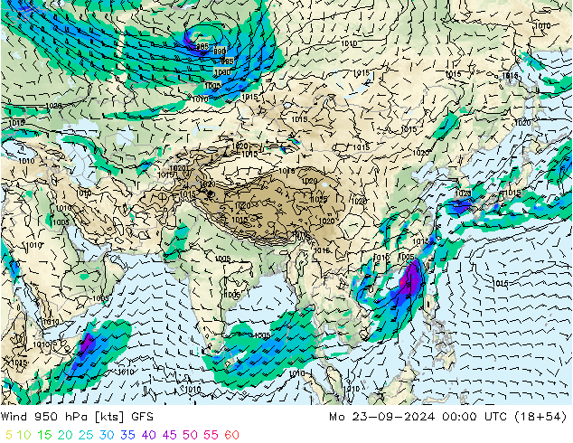 Vent 950 hPa GFS lun 23.09.2024 00 UTC